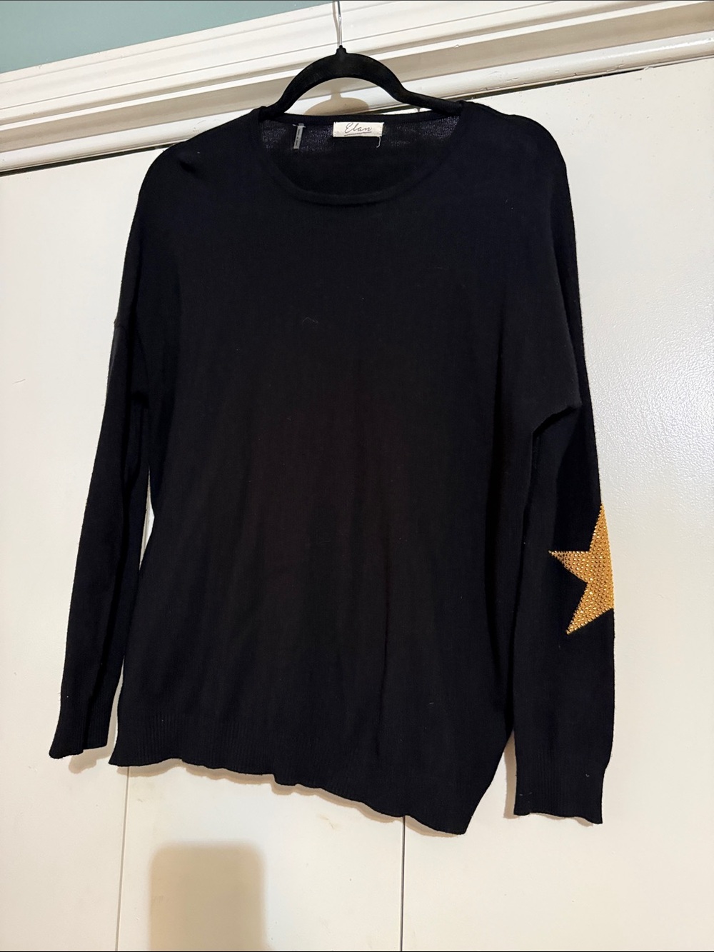 Elan Black Crewneck Sweater with Gold Elbow Star